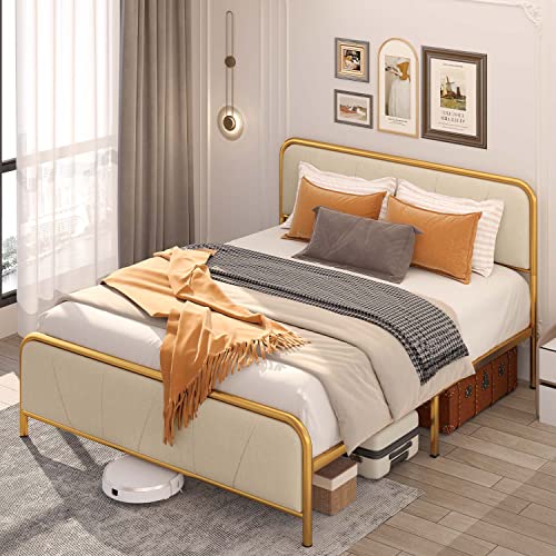 Gizoon Queen Size Bed Frame, Platform Bed Frame With Upholstered Headboard, Golden Heavy Duty Metal Mattress Foundation & Steel Slats, Sturdy, Noise Free, No Box Spring Needed (Beige) #TOP3