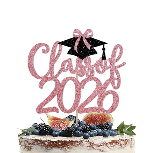 Class of 2026 Cake Topper - Rose Gold Glitter 2026 Graduation Cake Decorations for Girls 2026 Congrats Grad Cake Decor Pink Bow Graduation Party Supply
