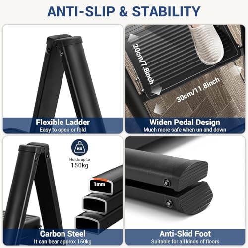 Image of Portable 3 Step Ladder Folding Step Stool for Home Kitchen Office Library, Lightweight Heavy Duty Steel Frame, Anti-Slip Wide Pedals, Easy Storage, Modern Black (1Pcs)