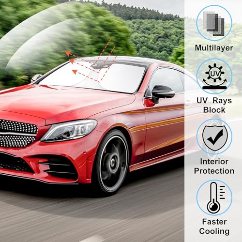 Image of Windshield Sun Shade Custom Fit for 2015-2021 Mercedes Benz C Class W205 C250 C300 C400 Accessories Foldable Sunshade Sun Blocker Protect Car from Sun Rays & Heat Damage Keep Car Cooler