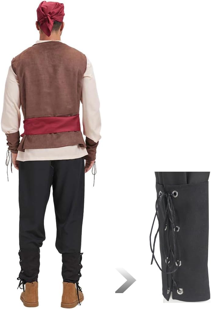 5 Pcs Men's Pirate Costume Set Renaissance Medieval Shirt Vest Banded Pants Viking Belt Headscarf Accessories - Image 3