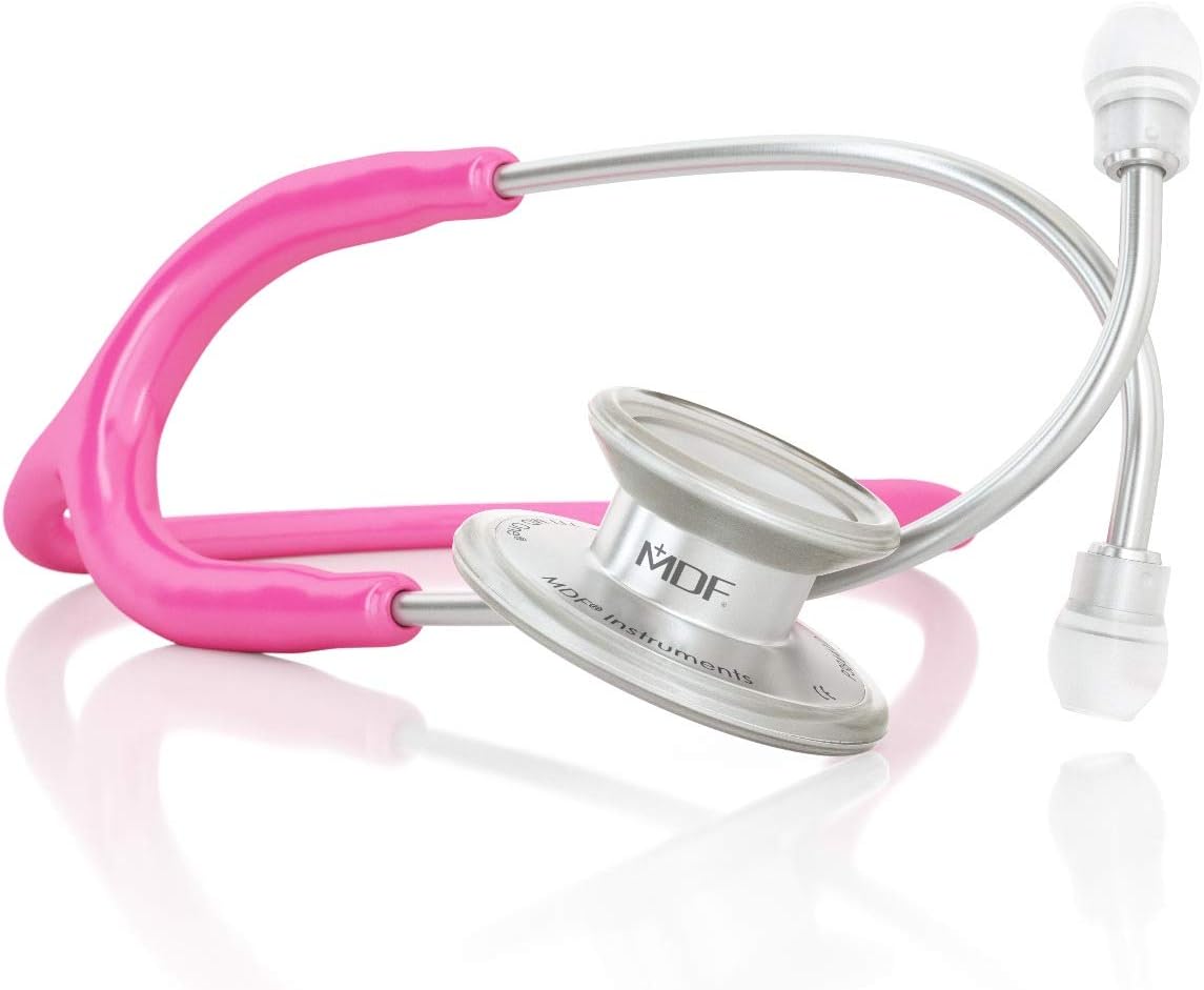 MD One Stainless Steel Stethoscope, Adult, Fuschia Tube, Silver Chestpieces-Headset, MDF77732
