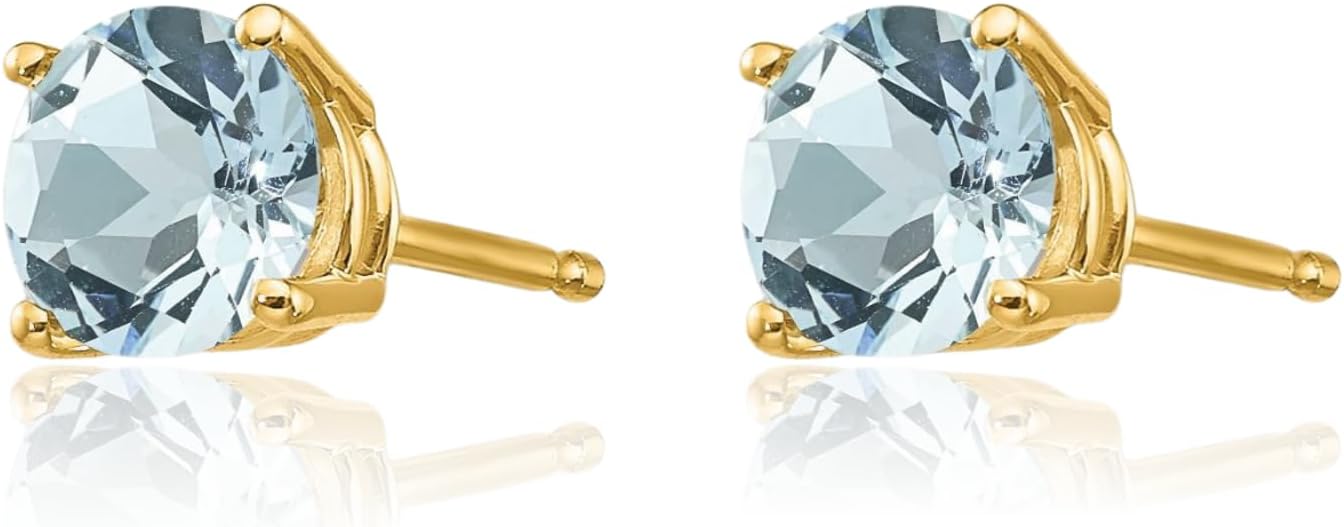 IceCarats 14K Solid Yellow Gold 0.90 carat Blue Aquamarine Medium Stud Earrings 5mm Round Cut, Natural, Prong Set, Butterfly Back For Her