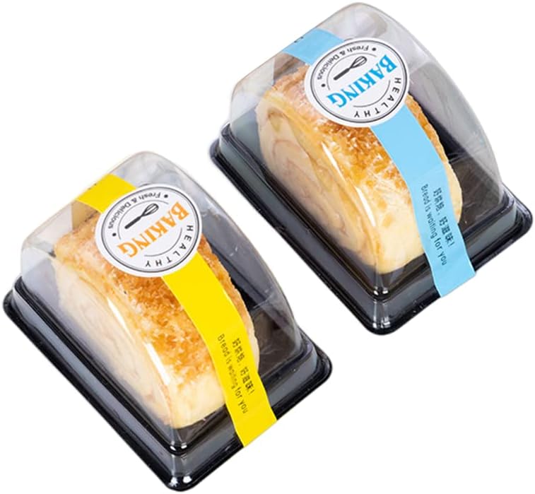 50 Pcs Roll Cake Box Set Single Personal Swiss Roll Container and 50 stickers,Clear Dome Plastic Muffin Cheese Pastry Dessert Sushi Fruits Display Food Storage Holder，Brown