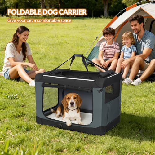 Fobyfurny Hundebox Faltbar, Hundetransportbox Tragbare mit 3-Türen, 76,2 x 53,4 x 53,4 cm, Transportbox Hund Atmungsaktiv, Reflektierenden Verzierungen und Taschen, Oxford-Gewebe, Grau, FPDT002OG1