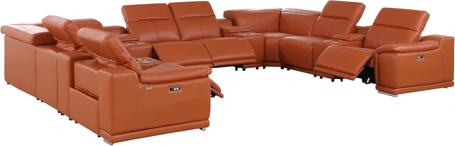 Blackjack Furniture Venice 12-Piece Top Grain Italian Leather Sectional Reclining Sofa Set with 4 Power Recliners, Adjustable Headrests, USB and Wireless Phone Charger and Console Storage, Camel