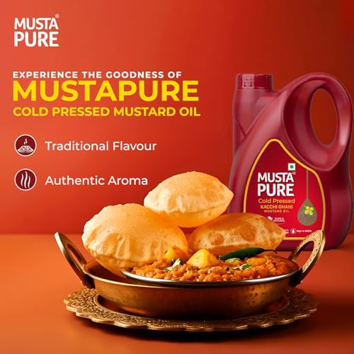 Image of Musta Pure Cold Pressed Kachi Ghani Mustard Oil 5 Litre Cooking Oil, Unrefined, Naturally Cholesterol Free, A1 Grade Real Seeds For Natural Aroma & Flavour For Roasting, Frying, Baking - Jar