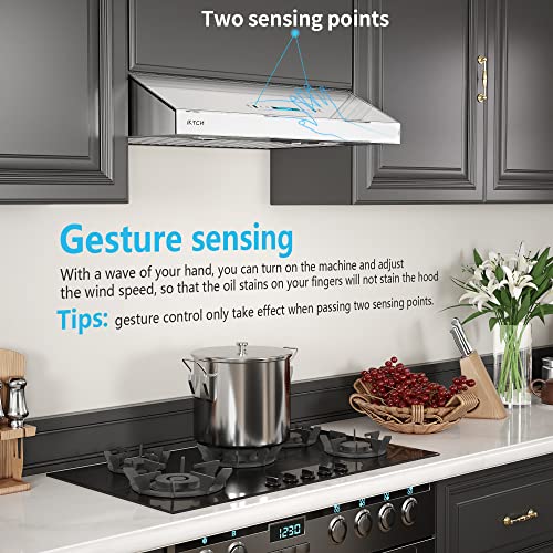 IKTCH Upgrated 30″Under Cabinet Range Hood, 900 CFM Ducted Range Hood with 4 Speed Fan, White Stainless Steel & Tempered Glass Range Hood 30 inch with Gesture Sensing&Touch Control Making life Smarter