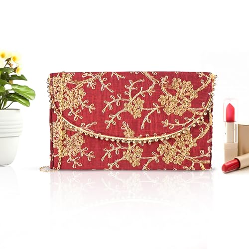 Kuber Industries Polyester Clutch Purse for Women Wedding and Events with Magnetic Closure | Sling Embroidery Fancy Purse for Ladies | Moti Design - Maroon
