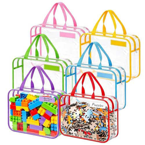 6 Pack Clear Toy Storage Bags with Handles Name Tag zip PVC Waterproof 11.8x8.6x3.9 Inch Organizer Bags for Building Blocks Puzzles Board Games Toy Organiser Bags for Toys (6 Colors)