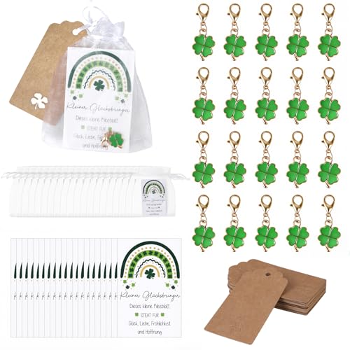 20 Stück Schlüsselanhänger Glücksbringer, Schlüsselanhänger Set mit Grußkarte, Organzabeutel und Hängeetiketten, Glücksbringer Kleeblatt Anhänger für Freunde, Feiertagsgeschenke, Abschiedsgeschenke