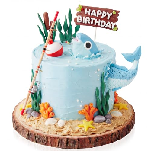 Simgoing 13 Pcs Fishing Cake Topper Decorations with Fish Rod