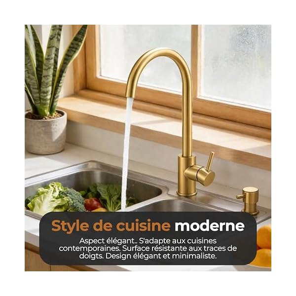 MELTA. Robinet Cuisine Pivotant 360° – Mitigeur Évier Arc Élevé en Acier Inoxydable, Robinet Cuisine avec Levier Unique, Robinet Évier Cuisine Moderne, Installation Facile (OR BROSSÉ)