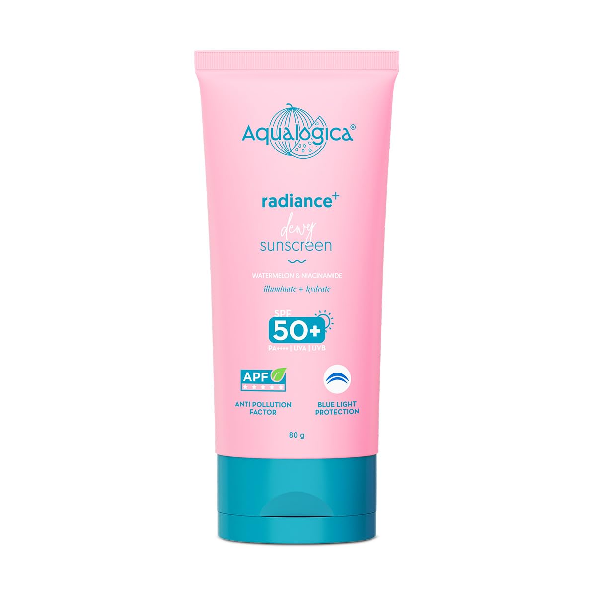 Aqualogica Radiance+ Dewy Sunscreen SPF 50 PA+++ with Watermelon & Niacinamide | Hydrating, Lightweight, Fragrance-Free Sunblock for All Skin Types | UV & Blue Light Protection, For Men & Women – 80g