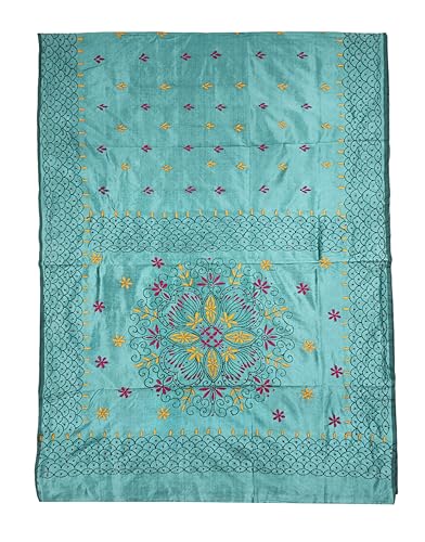 Image of SHRISTI CLOTHINGS Women's Hand Embroidered Cotton Silk Kantha Stitch Saree with Blouse Piece (J420724 LIGHTGREY)