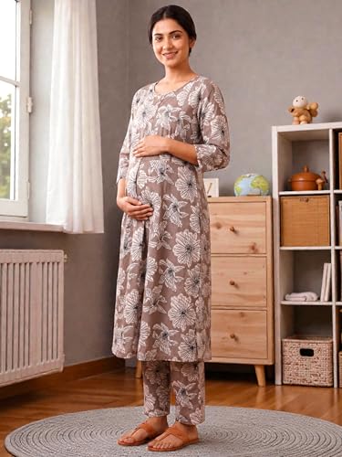 Image of RITIJYA Pure Cotton Feeding Kurta Pant Set for Women | Floral Anarkali Pregnancy Dress with Concealed Nursing Zipper Side Pocket | Pre & Post Partum | Maternity Dresses | Baby Shower Outfit