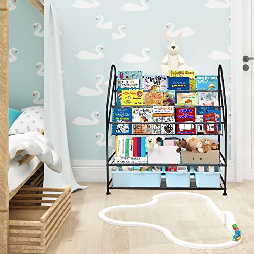 Image of aboxoo Metal Kids Bookshelf Black Large Freestanding for Children Room 32 in Toy Organizer Large Stable Bookcase Bookstore Library Book Unit Storage Kids Bed Living Room