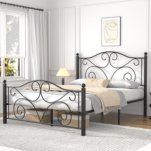 Image of VECELO Queen Size Bed Frame with Headboard and Footboard, Heavy Duty Metal Slat Support, Platform Mattress Foundation, No Box Spring Needed, Easy Assembly, Dark Black