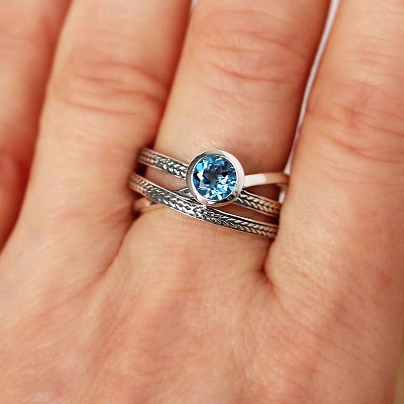 Blue Topaz 925 Plated Silver Handmade Stackable Statement Rings for Women Cubic Zirconia CZ Engagement Wedding Band Rings for Women Boho Jewelry Size 7# - Image 5