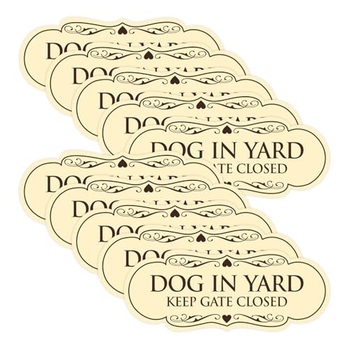 Signs ByLITA Designer Dog in Yard Keep Gate Closed Wall or Door Sign - Easy to Install | Durable Dog Safety Signs (Ivory/Dark Brown) - Large 10 Pack