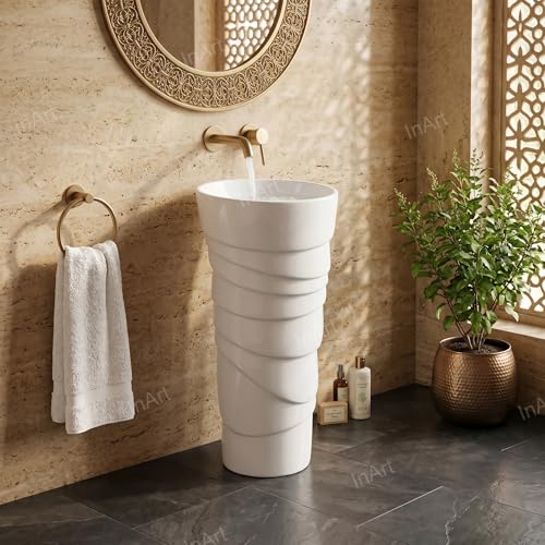 Image of InArt One Piece Ceramic Pedestal Free Standing Round Wash Basin for Living Room and Bathroom (15 x 15 x 34 Inch, White)