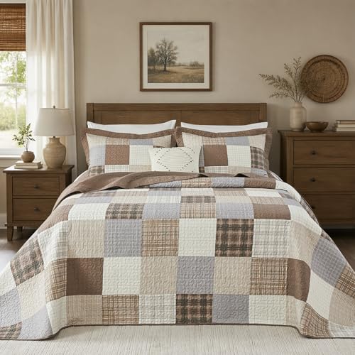 Quilta California King Quilt Set Oversized - Farmhouse Plaid Design Reversible Oversized King Bedspreads 128x120, 3-Piece 100% Cotton Textured Lightweight Comforter Coverlet Set, Brown/Gray/Off White