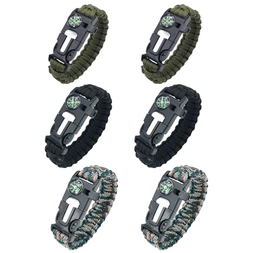 LIULINK 2 Piezas Pulsera de Supervivencia, 5 en 1 Multifuncional Pulsera, 25 * 2 cm Pulsera Paracord con Pedernal Raspador Brújula Silbato Soga para Senderismo, Camping y Bushcraft