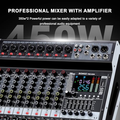 Image of BOMGE Powered Mixer 8 Channel -2x400W Amplifier r w /USB Drive for PC Recording - XLR Mic Input - 48V Power - 7-Band EQ - RCA I /O -256 DSP Processor for Professional & Beginners