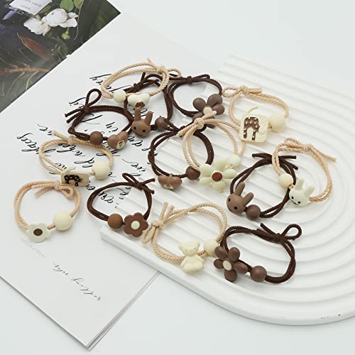 Aufruh 10Pcs Brown Beige Elastic Girls Hair Bands Accessories, Cute Bear Rabbit Hair Ties Bracelet For Girls, Ponytail Holders, 14Pcs #TOP4