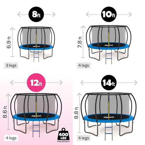 Image of JoyBerri Upsurge Trampoline Outdoor - ASTM Certified Safe 8Ft 10Ft 12Ft 14Ft 15Ft 16Ft Recreational Trampoline for Kids and Adults. Anti-Rust Coating with Enclosure Net, Ladder, Sprinkler & LED Lights