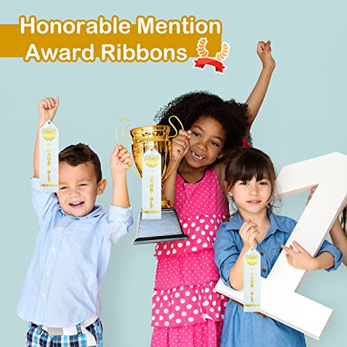 100 Pcs Honorable Mention Award Ribbons Flat Carded Ribbons Fun Light Blue Ribbons with Event Card and Gold String for Honorable Mention School Team Kids Competition Office Sport Event Prize Ornaments