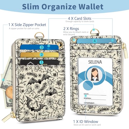 Lanyard Wallet with Id Badge Holder, Gothic Bat RFID Small Keychain Wallet Women Wristlet, Cute Zipper Credit Card Holder Phone Wrist Neck Strap for Key Name Tag, Teacher Student Office Gifts