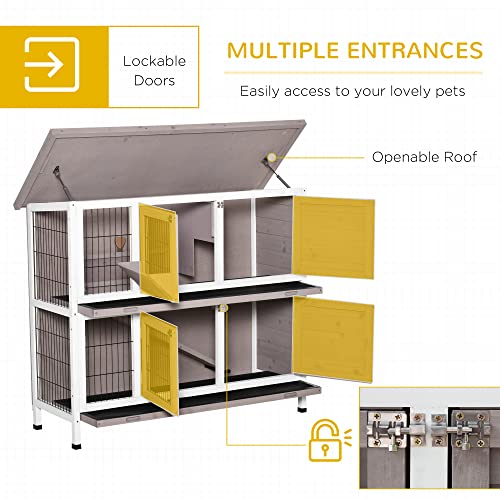 Pawhut Indoor Or Outdoor Rabbit Hutch With Quick On-The-Go Feeding, Wood Rabbit Cage, Long Hopping Distance, Medium Rabbit Hutch, 4 Door, No Leak Tray, Grey Brown #TOP4