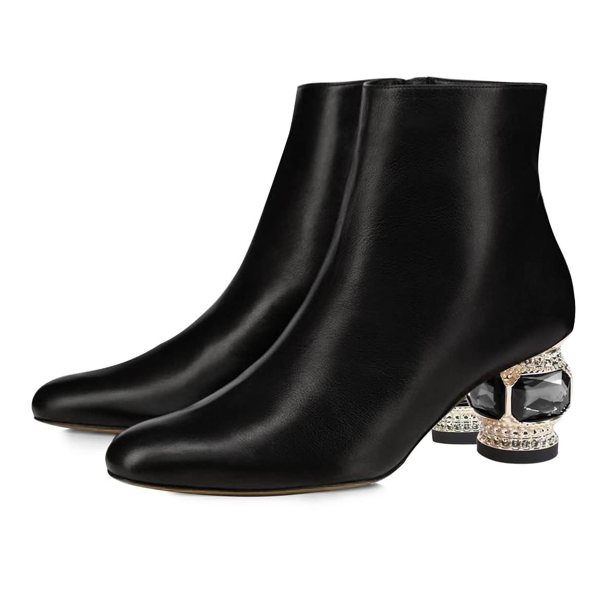 FSJ Women Round Toe Crystal Chunky Block Low Heel Ankle Boots Fashion Side Zipper Casual Prom Walking Shoes