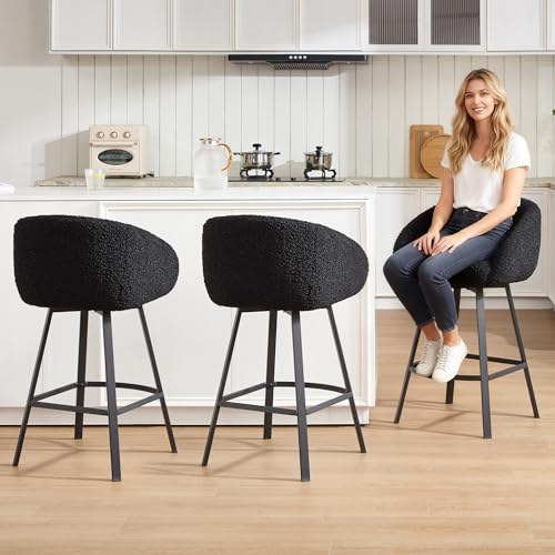 Image of Zesthouse Swivel Counter Height Stools Set of 4, Modern Barrel Bar Stools for Kitchen Island, 26'' Black Sherpa Kitchen Counter Height Chairs with Barrel Arms & Back, Upholstered Fabric Bar Chairs