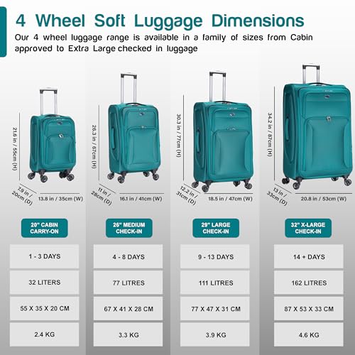 Aerostar Medium 26” Lightweight Softshell Expandable Suitcase, Integrated Combination Lock, 4 Wheels Check In Luggage For 15 To 20Kg (Teal, 77 Litres) - 8