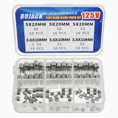 BOJACK Christmas Light fuses 5x20mm 125V 3A 5A 7A Fuse Fast-Blow Glass Fuses 3.6X10mm Mini Fuse 125V 2.5A 3A 5A amp Fuses Assortment Kit BJ-125V-6V60P