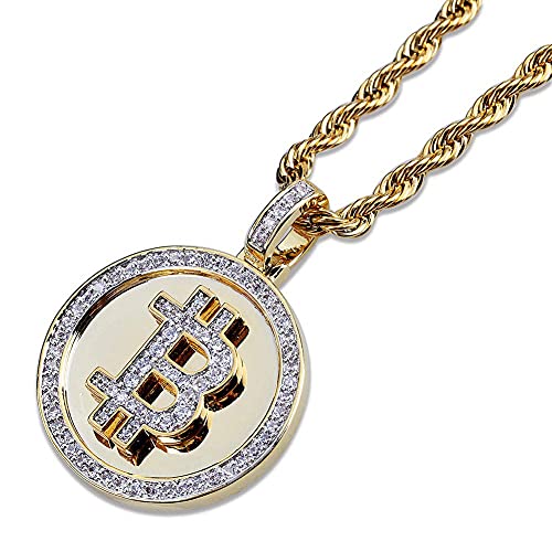 JAJAFOOK Iced Out CZ Simulated Diamond 14K Gold Plated Bitcoin Cryptocurrency Pendant Necklace with Rope Chain - Image 7