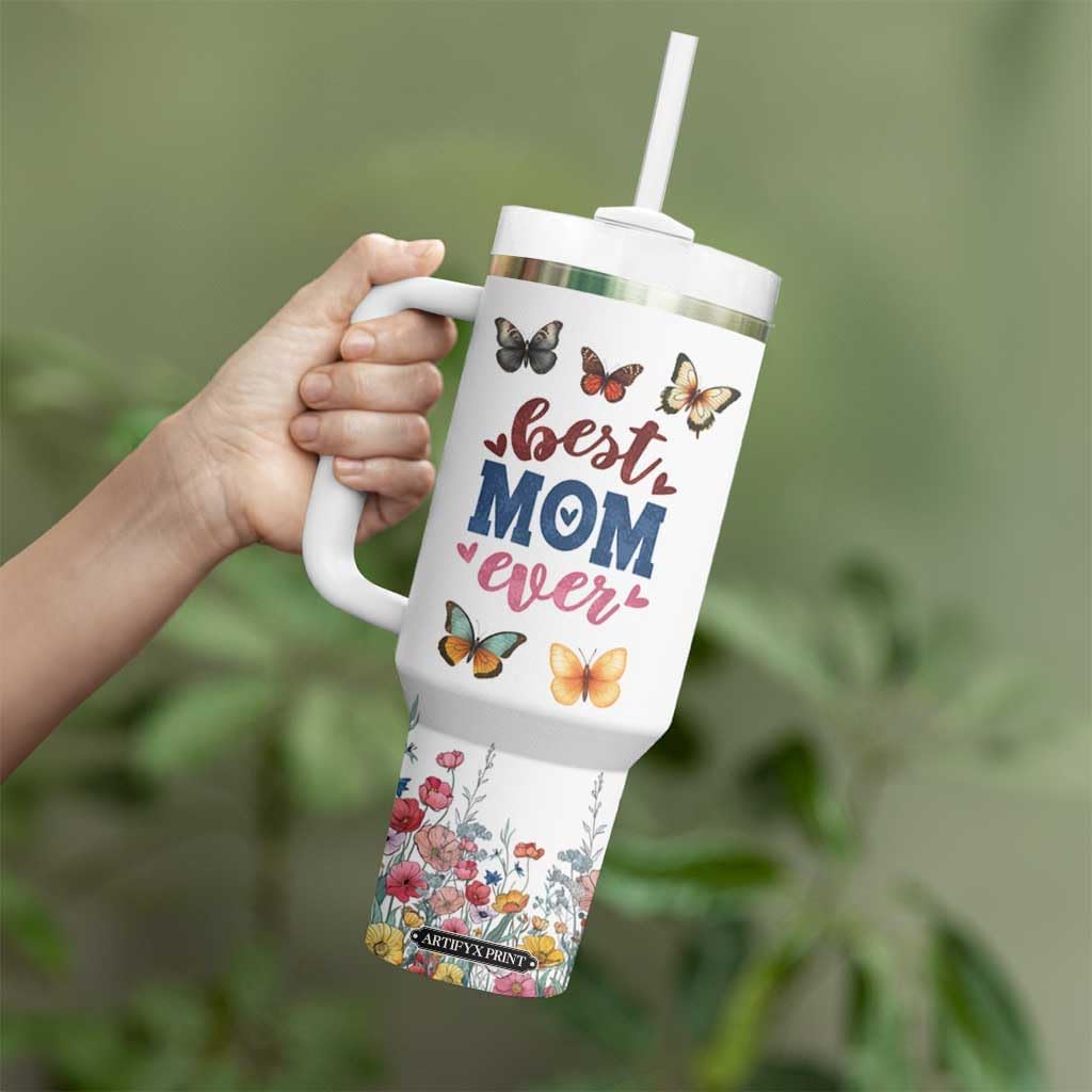 Floral Mom Tumbler With Handle Best Mom Ever Butterflies Mama Flower Garden Vacuum Insulated Travel Coffee Mug Cup Tumbler, Mothers Day Gifts From Daughter Son Kid, Gift for Mom Women Wife image 3