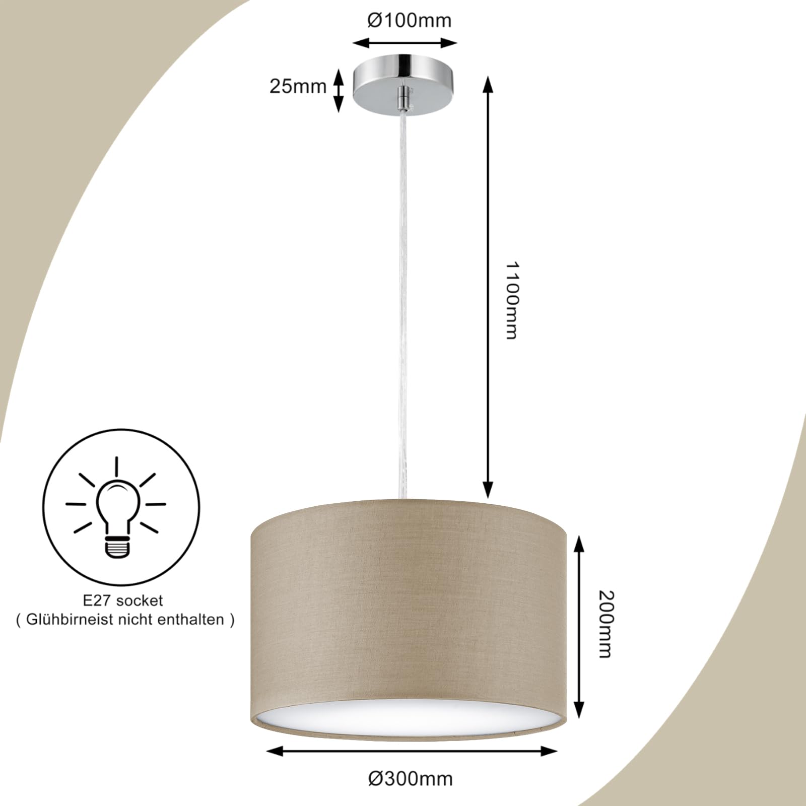 Zedelmaier Hängelampe Lampenschirm Deckenlampe Hängend mit Stofflampenschirm E27x1/Max.40w Hängelampe Wohnzimmer Schlafzimmer Esszimmer Schlafzimmerlampe Wohnzimmerlampe Pendelleuchte (Taupe, Φ30cm)