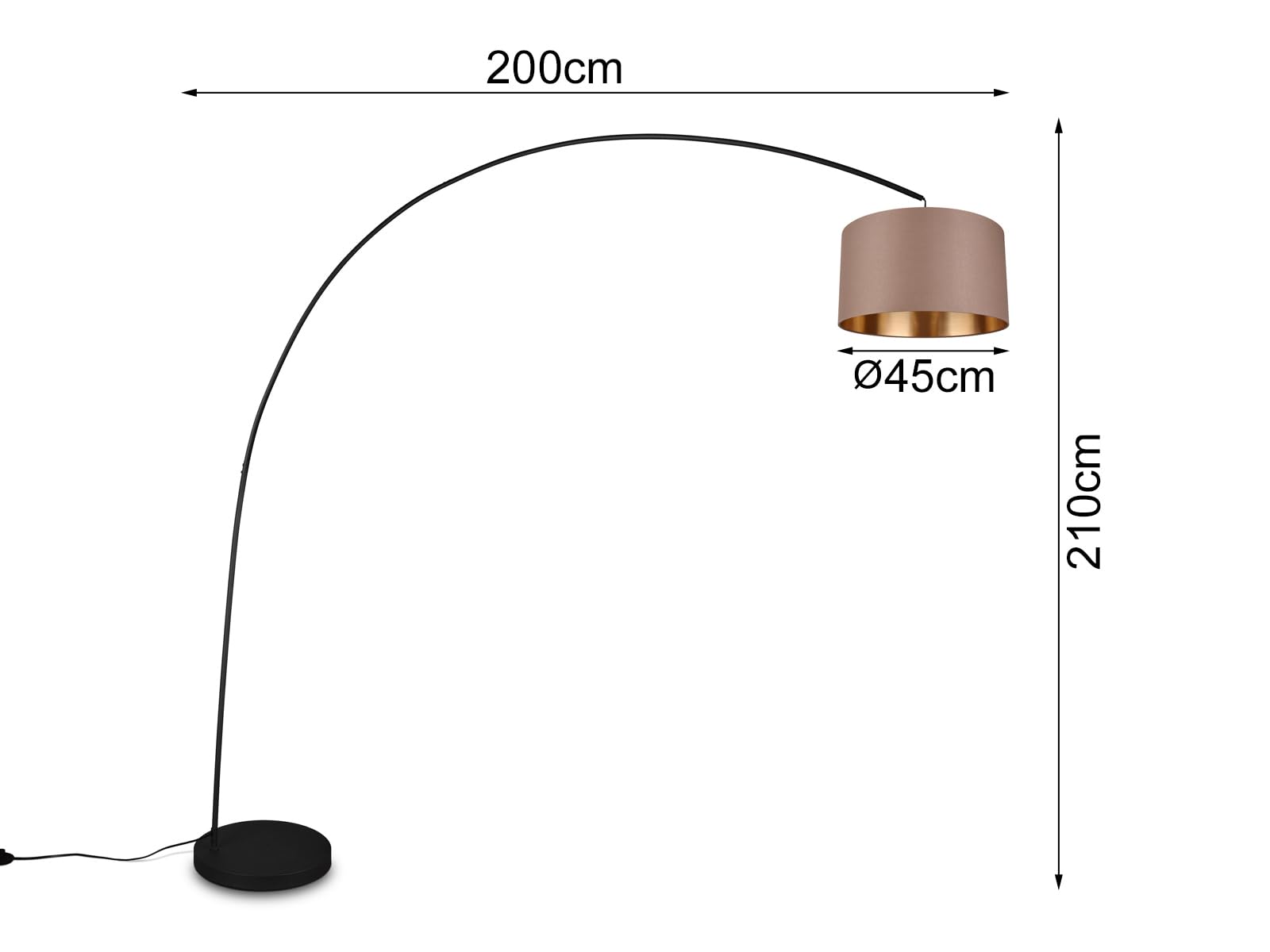 meineWunschleuchte Bogenleuchte Metall Schwarz Stoff Lampenschirm Taupe, 210cm hoch