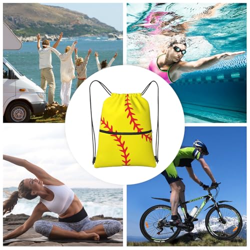 Image of Outdoor Sports Softball Drawstring Backpack, Waterproof Drawstring Bag for Gym Sports Teams Softball Party, Men Women Durable Yellow Sackpack Bag with Front Zipper Pocket and Inside Zipper Pocket