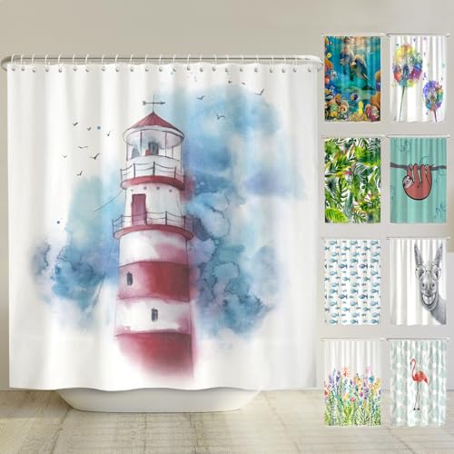 arteneur® - Leuchtturm - Anti-Schimmel Duschvorhang 240x200 - Recycelt mit Öko-Tex Standard 100 - Beschwerter Saum, Blickdicht, Wasserdicht, Waschbar, 16 Ringe & E-Book