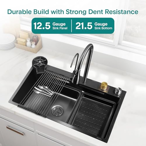 Image of LUXART Waterfall Multifunction Kitchen Sink | 24x18x9 Inch | Honeycomb Design | Anti-Scratch Stainless Steel | Pull Down Faucet | Cup Washer | Drain Baskets