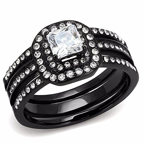Womens 0.8 Carat Princess Cut Simulated Diamond Black IP Stainless Steel Wedding Engagement Ring