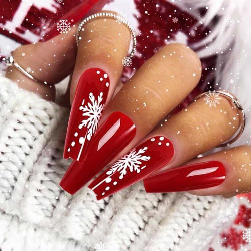 Red Long Press on Nails Glossy Xmas Fake Nails Black Coffin Snowf...