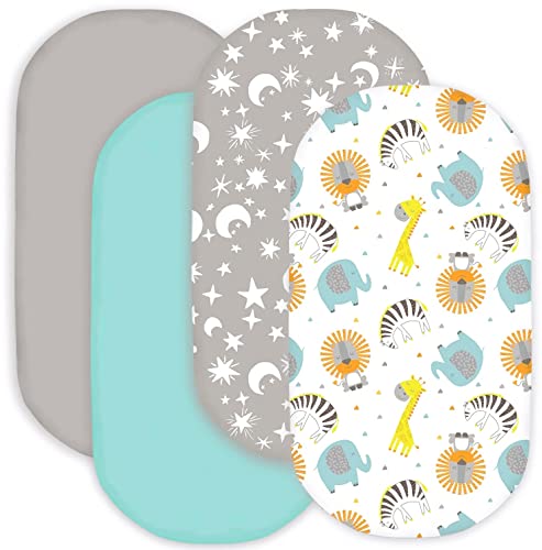 Bimocosy Bassinet Sheet, 4 Pack Bassinet Sheets For Baby Boys, Soft Baby Bassinet Fitted Sheets Neutral For Standard Bassinet Mattress, Size 32 X 16 X 4 Inches, Stars/Woodland Animals/Grey/Light Green #TOP13