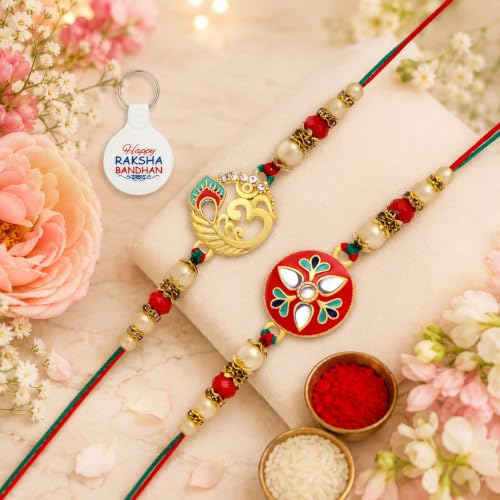 Image of Riddhika Ventures Glorious Gold Plated Auspicious Diamond Ring Rakhi || Traditional Rakhi Set of 2 & Festive Gift || Rakhi Gift Combo for Brother (P9P10K)