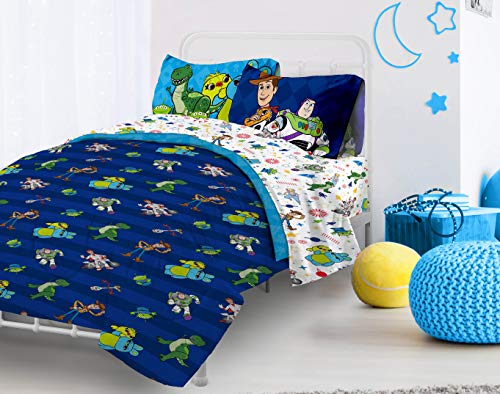 Image of Disney Toy Story Buzz Woody Twin Comforter Set 4 Piece Kids Bedding, Blue | Jessie Rex, Bed in a Bag, Comforter Sheets Pillowcase, Official Product, Soft Microfiber, Machine Washable, Kids Gift