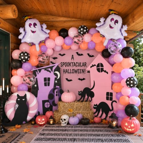 Image of Halloween Party Balloons Black Purple Pink with Bat Ghost Balloons | Pastel Halloween,Ghouls Night Decor,Girls Spooky One,Cute Birthday Party,Baby Shower Decorations